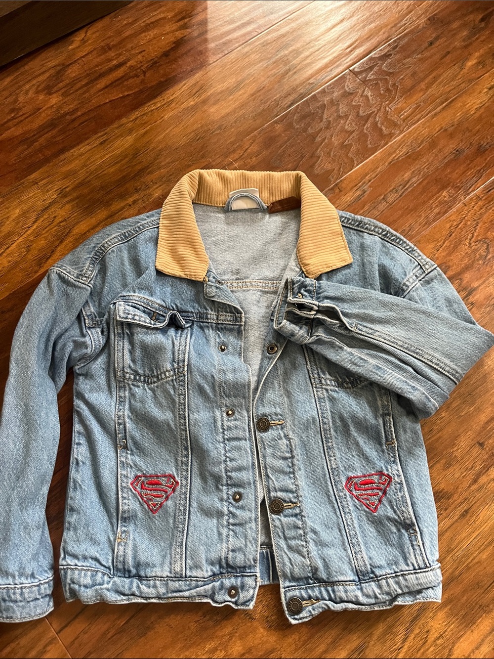 Cotton On Kids Denim Jacket with Tan Corduroy Collar and Red Embroidered Superma
